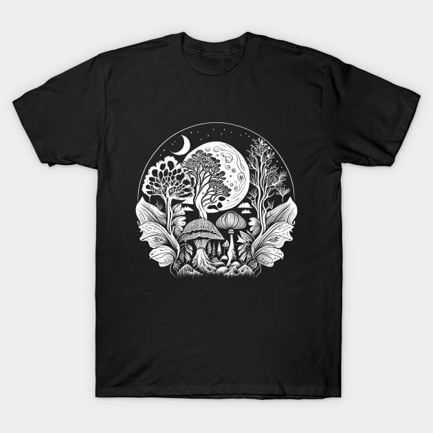 Cottagecore Moon, Mushrooms, Plants and Trees T-Shirt by Apocatnipse Meow